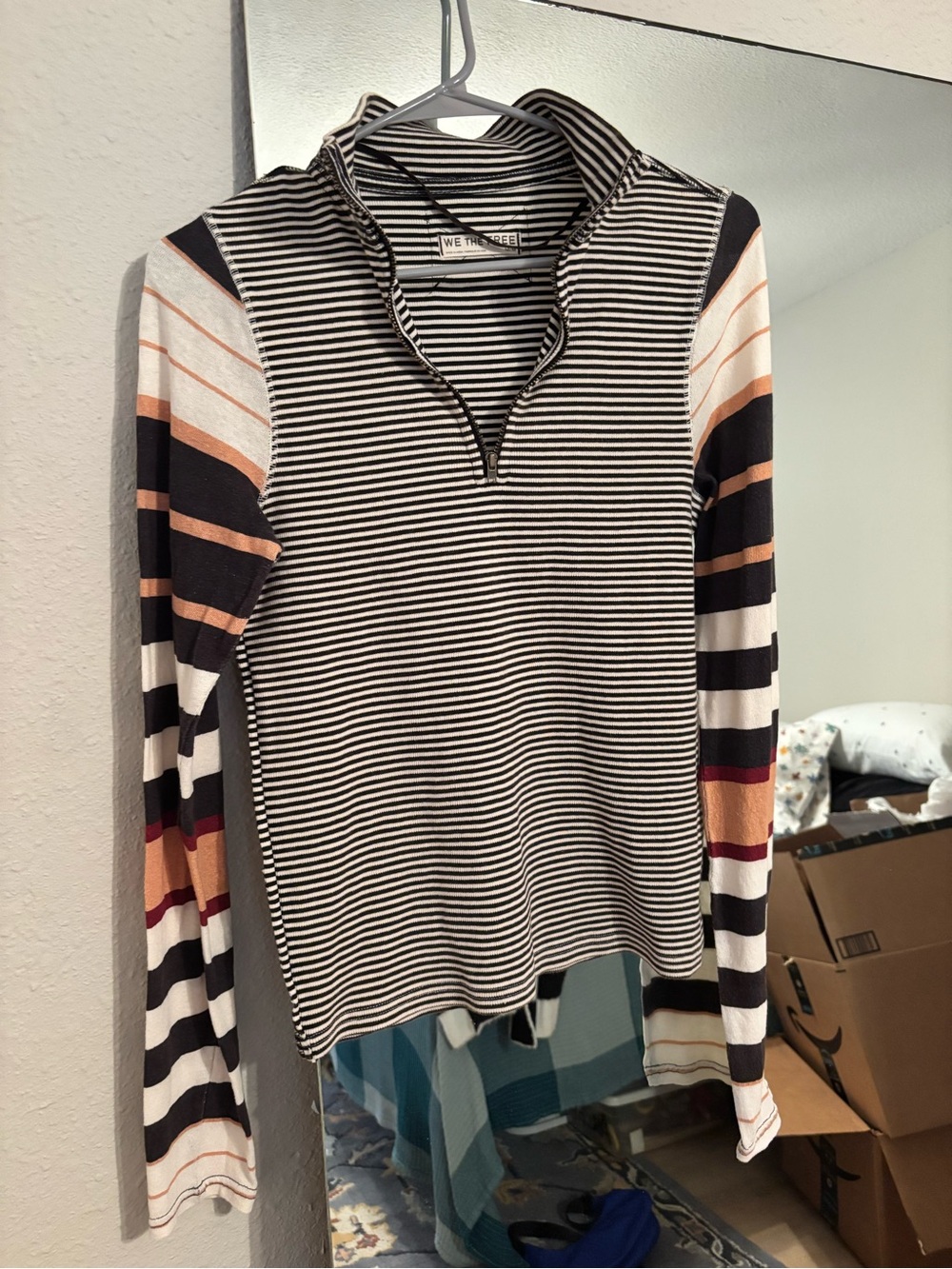 We The Free Striped Quarter-Zip Long Sleeve Top - Black, Cream & Rust